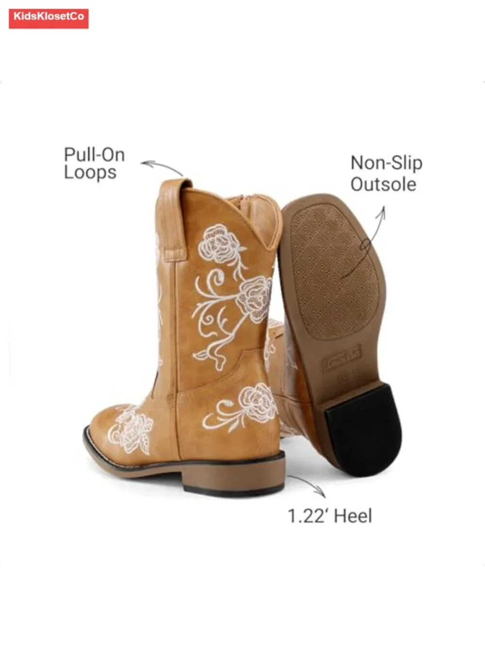 Girls Floral Embroidered Square Toe Mid Calf Cowboy Boots with Side Zipper